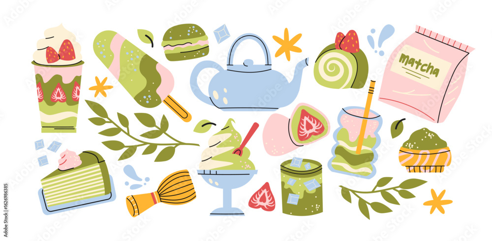 Cartoon set of matcha green tea. Fresh drink, ceramic cup, teapot ...