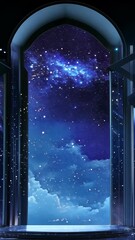 Wall Mural - a blue sky with stars and a large window. the window is open and the stars are shining through it
