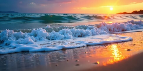 Wall Mural - Serene ocean waves crashing on a sandy shore at sunset, reflecting blue hues , light, ripple