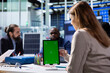 © DC Studio - Photovoltaics factory workers analyzing data, reviewing system health metrics with isolated screen tablet. Solar panels plant employees troubleshooting technical issues using mockup device