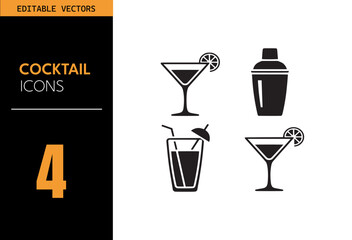 Wall Mural - Cocktail icon set. Featuring martini glass, highball drink, cocktail shaker, lime garnish, straws, umbrella and more. Vector illustration