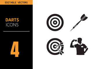 Wall Mural - Darts icon set. Containing dartboard, bullseye, flying dart, player silhouette, precision target symbols, and more. Vector illustration