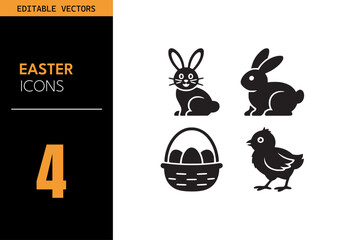 Wall Mural - Easter icon set. Containing bunny, chick, egg basket, silhouette rabbit, holiday symbols, spring celebration elements and more. Vector illustration