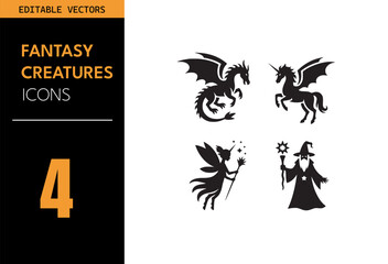 Wall Mural - Fantasy creatures icon set. Includes dragon, unicorn, fairy with wand, and wizard with staff. Bold black silhouettes in a clean, magical design.