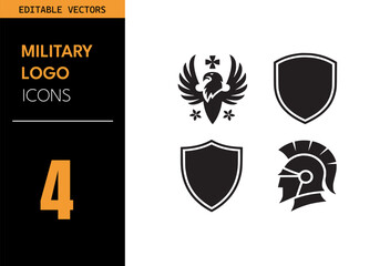 Wall Mural - Military logo emblem set. Featuring eagle with cross, Spartan helmet, black shield symbols and bold insignias. Vector illustration in black and white