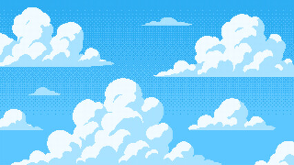 Wall Mural - pixel art blue sky with white clouds background. retro game style weather illustration. clear day ou