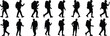 © Rifat Creatives - Set of backpacker silhouettes, walking poses, hiking and travel icons, black vector illustration for outdoor, trekking, adventure design use