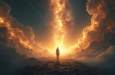 Wall Mural - Ethereal figure walks towards golden light cosmic nebula in dark night sky. Clouds, stars, galaxy surround person in surreal landscape. Spirituality, imagination, exploration themes.
