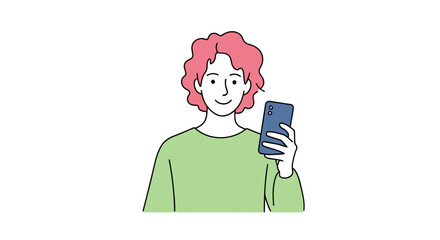 Vector art of a person with pink curly hair wearing a green shirt holds a blue smartphone in their hand, isolated on a white background