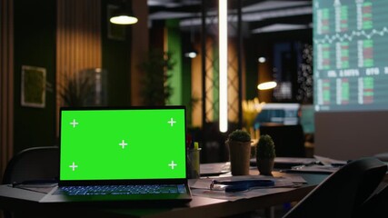 Poster - Empty modern workspace of a global enterprise with a chroma key screen, projected charts and forecasting data ready for strategy execution and performance evaluation. Corporate boardroom.