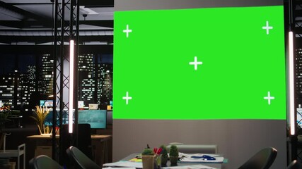 Poster - Empty boardroom with a digital copy space projection for a late night session focused on growth strategy, report analysis and multinational project alignment. High tech workspace.