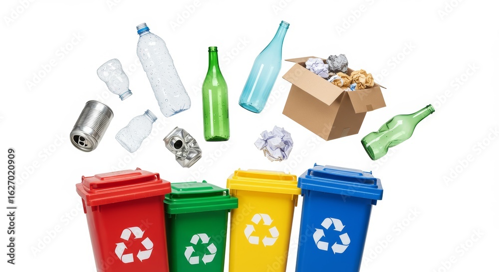 Recycling Bins and Waste Sorting with Plastic Glass and Paper Stock ...