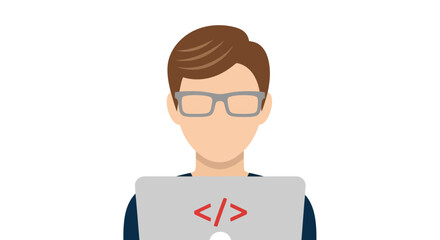 vector art of a programmer wearing glasses works on a laptop with code symbols on the screen, isolat