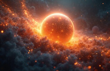 Canvas Print - cosmic nebula with glowing orb emitting vibrant orange light. particles, clouds create abstract sci-