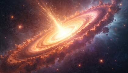 Wall Mural - Vibrant cosmic nebula bursts with radiant light, exploding stars. Swirling gas clouds in orange, purple, black hues create celestial spectacle. Interstellar dust, distant stars fill deep outer space,