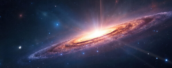 Wall Mural - Vivid cosmic light burst with star trails in deep space. Beautiful spiral galaxy with bright starburst at center. Futuristic background. Universe outer space landscape. Astronomy background. Science,