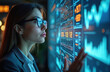 © Vadym - Confident businesswoman in glasses studies glowing digital financial data on large screen. Interacts with charts, graphs. Modern office setting reflects success, technological innovation in