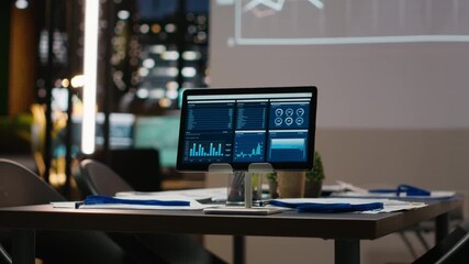 Poster - Empty office features modern tools displaying analytics after hours, forecasting metrics to ensure company strategy productivity. Data icons and performance indicators to support growth.