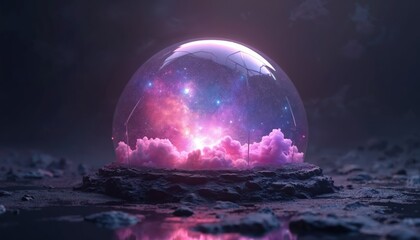 Wall Mural - Abstract digital illustration of transparent dome containing vibrant cosmic landscape with pink clouds, starry sky. Futuristic orb displays glowing nebula, galaxies. Sphere rests on dark rocky