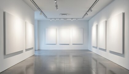 Poster - Minimalist white canvases hang on clean gallery wall under soft track lighting. Contemporary art exhibition space features polished concrete floors reflecting subtle ambient light. Empty white walls,
