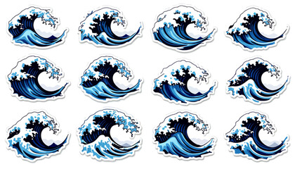 Poster - A collection of vector illustrations showcasing stylized ocean waves, perfect for design projects, featuring a dynamic water splash effect and a clean, transparent PNG format for easy integration.
