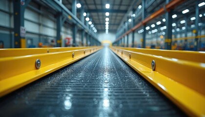 Poster - Close-up perspective of yellow industrial conveyor belt within modern warehouse. Automated system features sleek design with visible bolts, textured black belt, representing manufacturing efficiency,