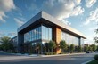 © Vadym - Modern commercial building featuring glass facade with wood accents, metal panels. Structure offers clean, pro design with large windows reflecting cloudy blue sky. Ideal for business, corporate,
