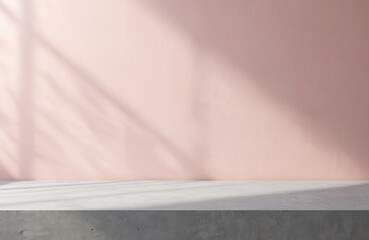 Poster - Minimalist studio interior features grey stone countertop against textured soft pink wall. Sunlight casts dappled shadows on wall, creating serene backdrop. Clean, empty space perfect for product