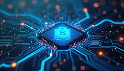 Poster - futuristic circuit board illuminated with blue lines displays digital banking icon. tech background 