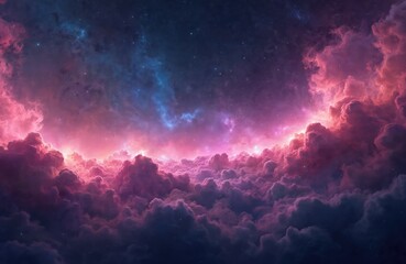 Wall Mural - Vibrant cosmic panorama pink, purple nebula clouds swirling in deep dark space. Scattered stardust, distant stars create sense of wonder. Celestial illustration offers dreamy, ethereal atmosphere,