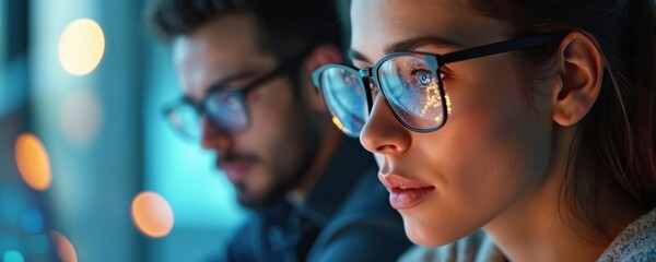 Poster - Focused woman, man wearing glasses analyze digital information on computer screens in modern office. Reflections show data streams, bright lights, suggesting deep concentration on future technology,