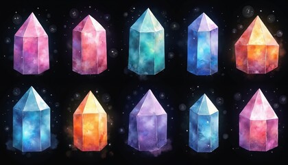 Vibrant watercolor illustration collection of faceted crystals in galaxy-like, cosmic style. Magical gemstones feature spectrum of colors including purple, pink, blue, orange, set against dark,