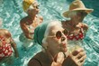 © farah - A group of women in their 70s take part in a water aerobics class in a pool. The woman in the front wears a green bathing cap and round gold sunglasses and looks up while drinking a cocktail