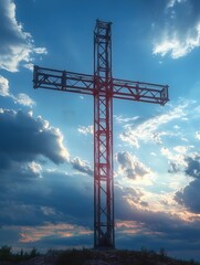 Wall Mural - Large metal cross structure silhouetted against a dramatic sky with sun rays breaking through clouds at sunset