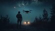 © du - Silhouetted soldier stands on a forest path at night observing a hovering drone with a vehicle shining headlights in the distance under a starry sky
