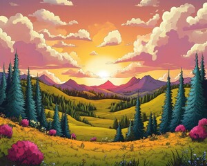 Wall Mural - Vibrant sunset over rolling green hills with pine trees and colorful bushes under a sky filled with fluffy clouds and distant purple mountains
