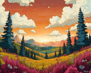 Wall Mural - Vibrant sunset over a lush valley with tall pine trees, colorful wildflowers, rolling green hills, and distant mountains under a dynamic cloudy sky