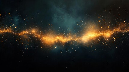 Wall Mural - Bright golden particles scattered and glowing in a dark space against a smoky blue and black background evoking a cosmic or magical atmosphere
