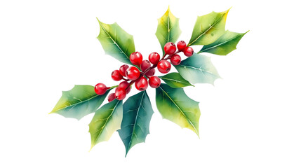 Christmas holly branch. Red berries and leaves. Watercolor illustration.
