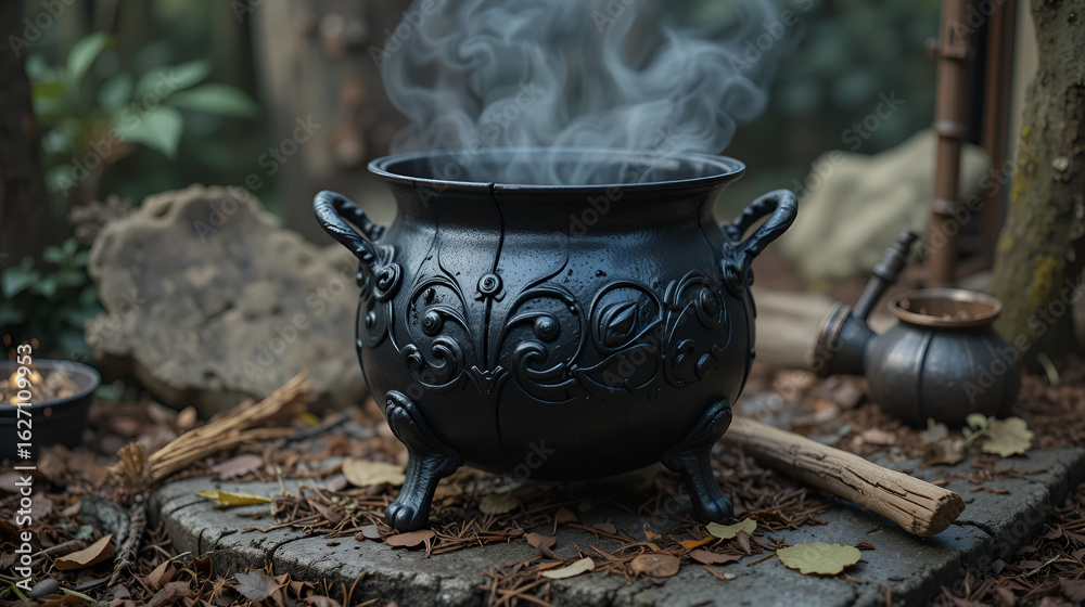 Black iron old cauldron scary prop for halloween used by witches to ...