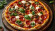 © du - Delicious freshly baked pizza topped with pepperoni slices, meatballs, fresh basil leaves, and melted mozzarella cheese on a wooden serving board