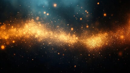 Wall Mural - Glowing golden particles and dust floating in dark space with subtle blue highlights creating a magical and ethereal atmosphere