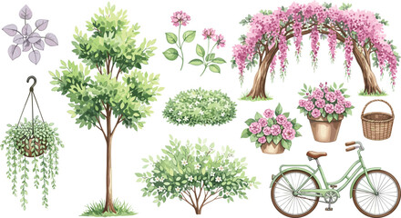 Floral set with green bicycle, wicker basket, blossom tree, flowers and plants. Cute watercolor isolated illustration for your floral design, garden or ecology