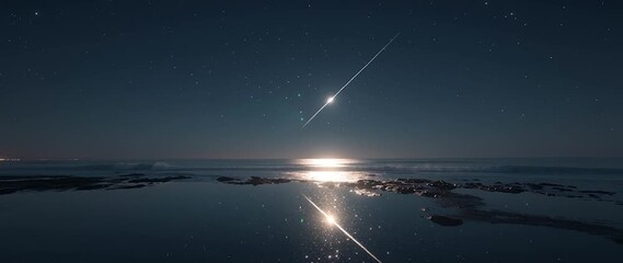 Wall Mural - Anamorphic flower meteor streaking across the night sky over a calm ocean. Ideal for themes related to astronomy, nature, nightscapes, tranquility, and cosmic phenomena.