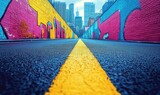 Low angle view of an empty urban street with vibrant colorful graffiti walls and a yellow dividing line leading towards modern skyscrapers under clear sky