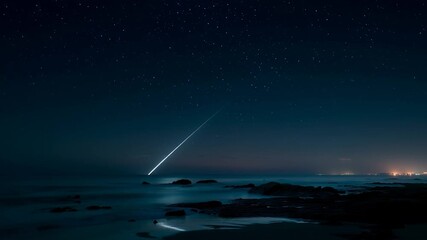 Wall Mural - meteor streaking across the night sky over a calm ocean. ideal for themes related to astronomy, natu