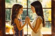 © ali - Smiling woman and young girl touching hands and looking at each other affectionately near a large window with sunlight outside