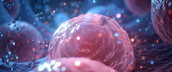 Wall Mural - anamorphic video microscopic view of human cells. floating particles add to the dynamic, scientific 