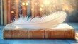 © video - Soft white feather resting on a closed old leather-bound book with warm glowing bokeh lights in the background evoking calm and nostalgia