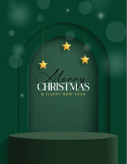 Wall Mural - Merry Christmas podium clipart poster. Merry Christmas and Happy New Year greeting card clip art with stage dais for promotion and advertising template in green background vector illustration.  
